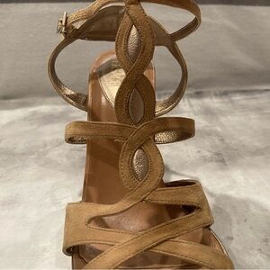 Vintage Gianni Versace, Size 7, Camel/Gold, Suede Stacked Tapered Heel